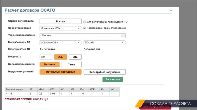 Первичный расчет стоимости полиса ОСАГО Альфа (20.11.2019)